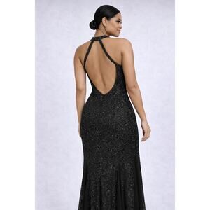 Nightway Women's Black Metallic Sleeveless Cocktail Halter Gown 14P Petite
